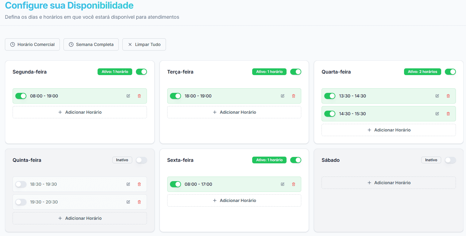 Configuração de disponibilidade na Conn.fit